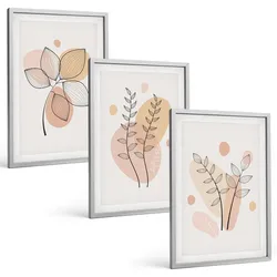 BILDER SET 3er Set - 40x60 cm Silberner Rahmen - Pastellfarbene Pflanzenzeichnungen