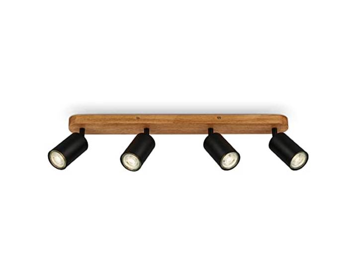 BRILONER - Plafonnier LED rétro avec bois\, luminaire plafonnier vintage à 4 flammes\, Éclairage de Plafond\, 4x GU10 douille\, spot LED orientable\, spot de plafond rustique\, noir-bois\, 550x60x85 mm