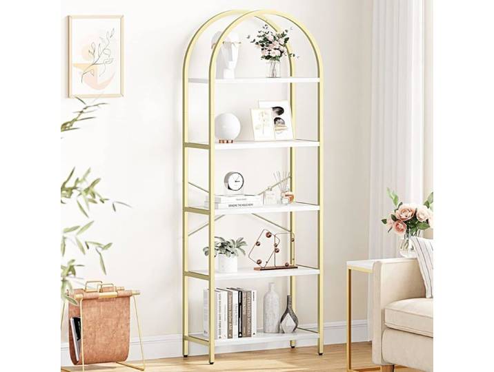 BIBLIOTHEQUE A 5 niveaux D'or étagère de rangementen métal étagère à livres en forme d'arc 180x60x28CM