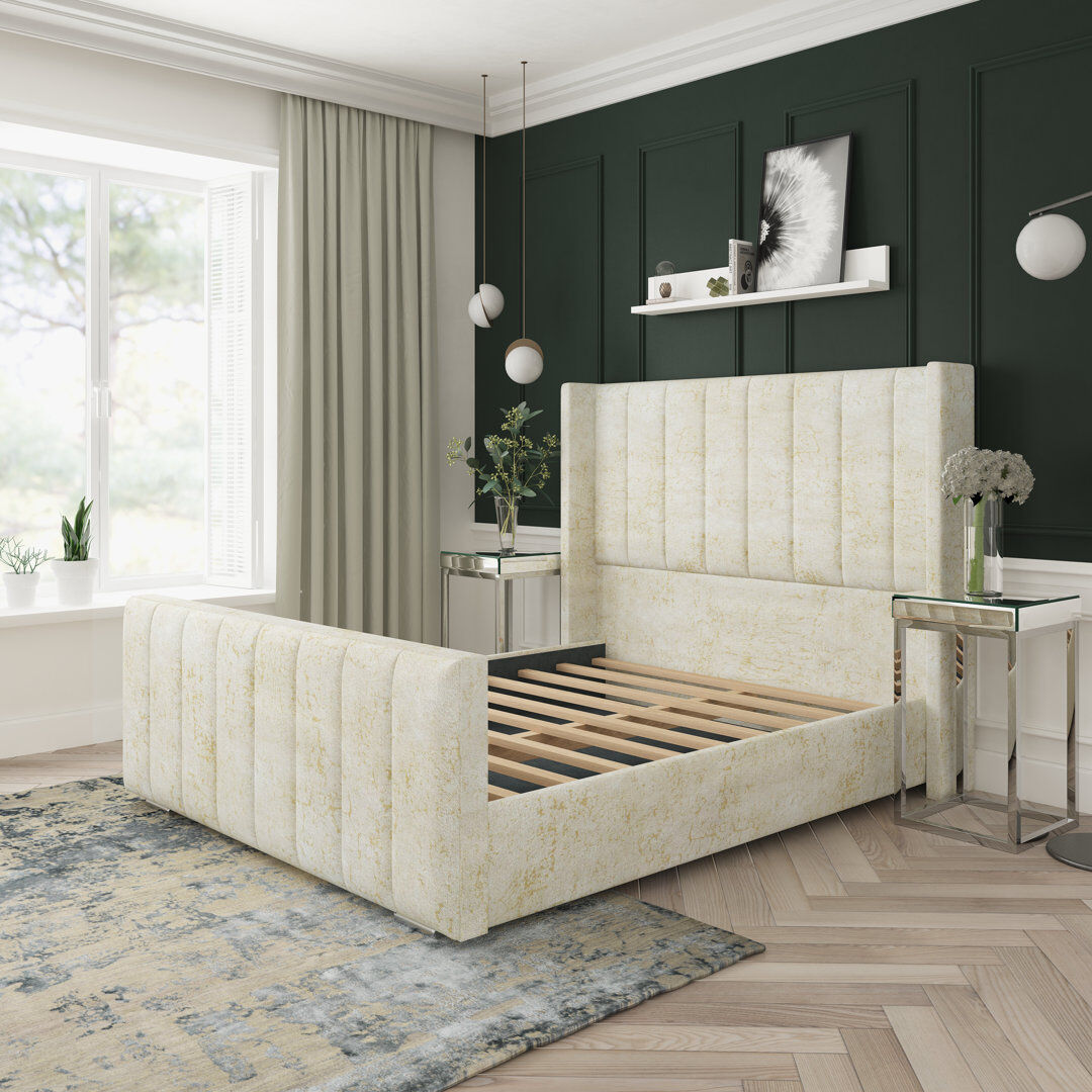 Lark Manor Aspen Marble Upholstered Bed Frame Cream Kingsize (5')