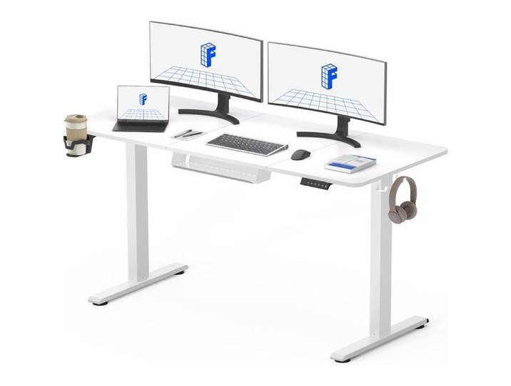 FlexiSpot Bureau Assis Debout Électrique 140x60cm Bureau Réglable Table d'ordinateur avec Crochet Fonction Mémoire Blanc