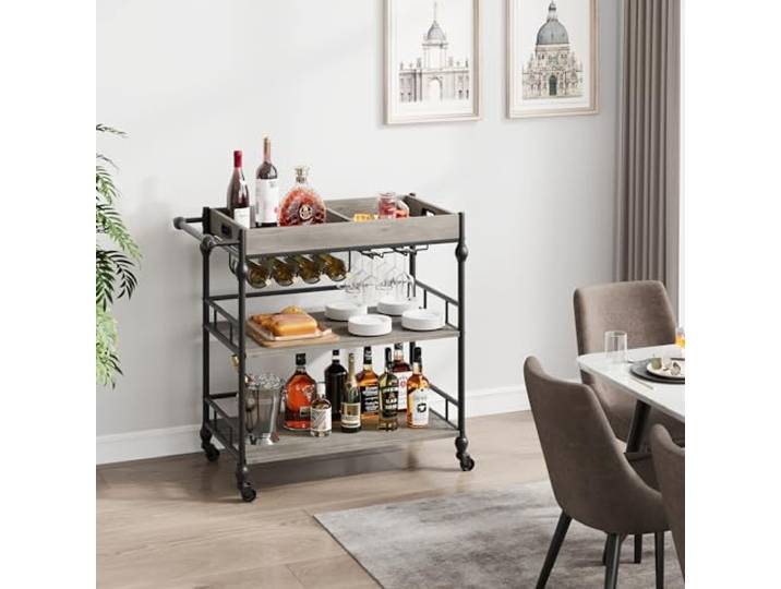 IDEALHOUSE 3-Stufiger Barwagen Mit Rollen, Weinregal abnehmbarem Tablett – mobiler Servierwagen im industriellen Stil für Küche, Wohn- und Essenzzimmer