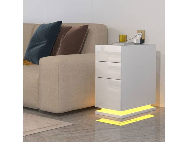 Table de Chevet Étroite avec Éclairage LED Table de Nuit avec Prise et Port USB Chevet de Lit avec 3 Tiroirs Blanc LVHCMFOHM