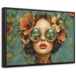 LEINWAND Bilder mit Rahmen - Frau - Blumen - Schmetterlinge - Natur - Vintage - 60x40
