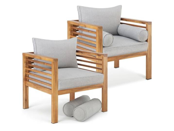 Fauteuils lounges - TECTAKE - Lot de 2 fauteuils de jardin BOKA en bois lasuré résistant aux UV et intempéries - Marron/Gris