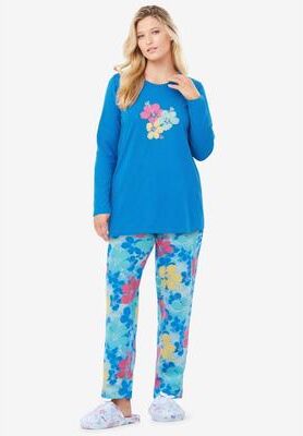 Plus Size Women's Long Sleeve Knit PJ Set by Dreams & Co. in Pool Blue Tropical (Size 38/40) Pajamas