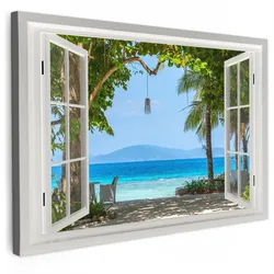 LEINWANDBILD Aussicht - Baum - Meer - Palme - Hügel - Strand - Blau Groß 140x90 cm