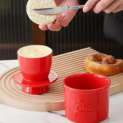 KitchenCuration Ceramic Butter Dish With Lid Airtight Butter Keeper For Countertop Glossy Finish Butter Bell Crock Cheese Storage red