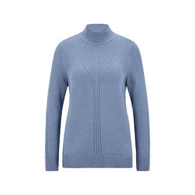 Rundhalspullover GOLDNER "Rippenpullover mit Stehkragen", Damen, Gr. 54, blau (rauchblau), Obermaterial: 50% Baumwolle CO. 50% Polyacryl PAN., figurumspielend, Rippbündchen, Pullover Rundhalspullover, platzierte Rippenstruktur im Vorderteil
