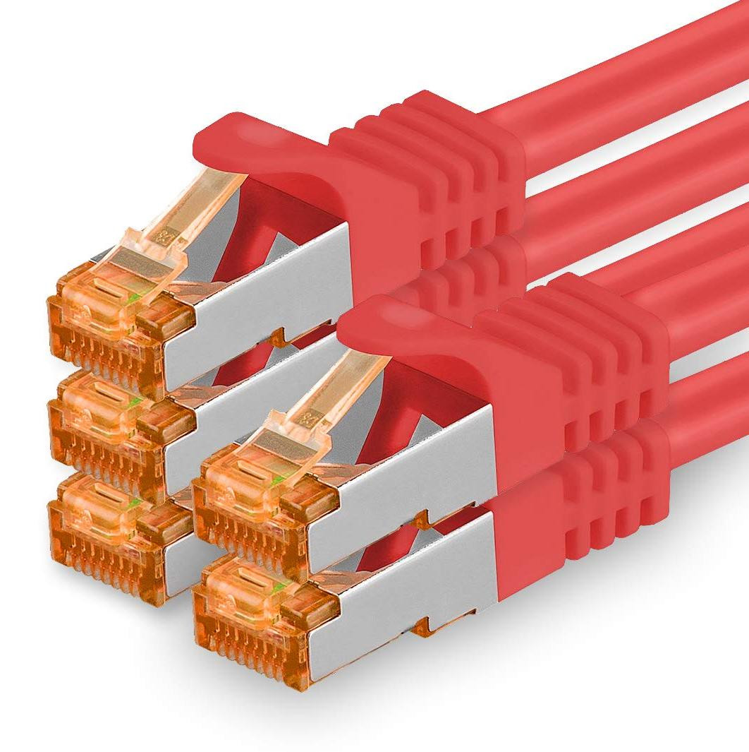 1aTTack.de Cat.7 netwerkkabel, 3,0 m, rood, 5 stuks Gigabit Ethernet LAN-kabels