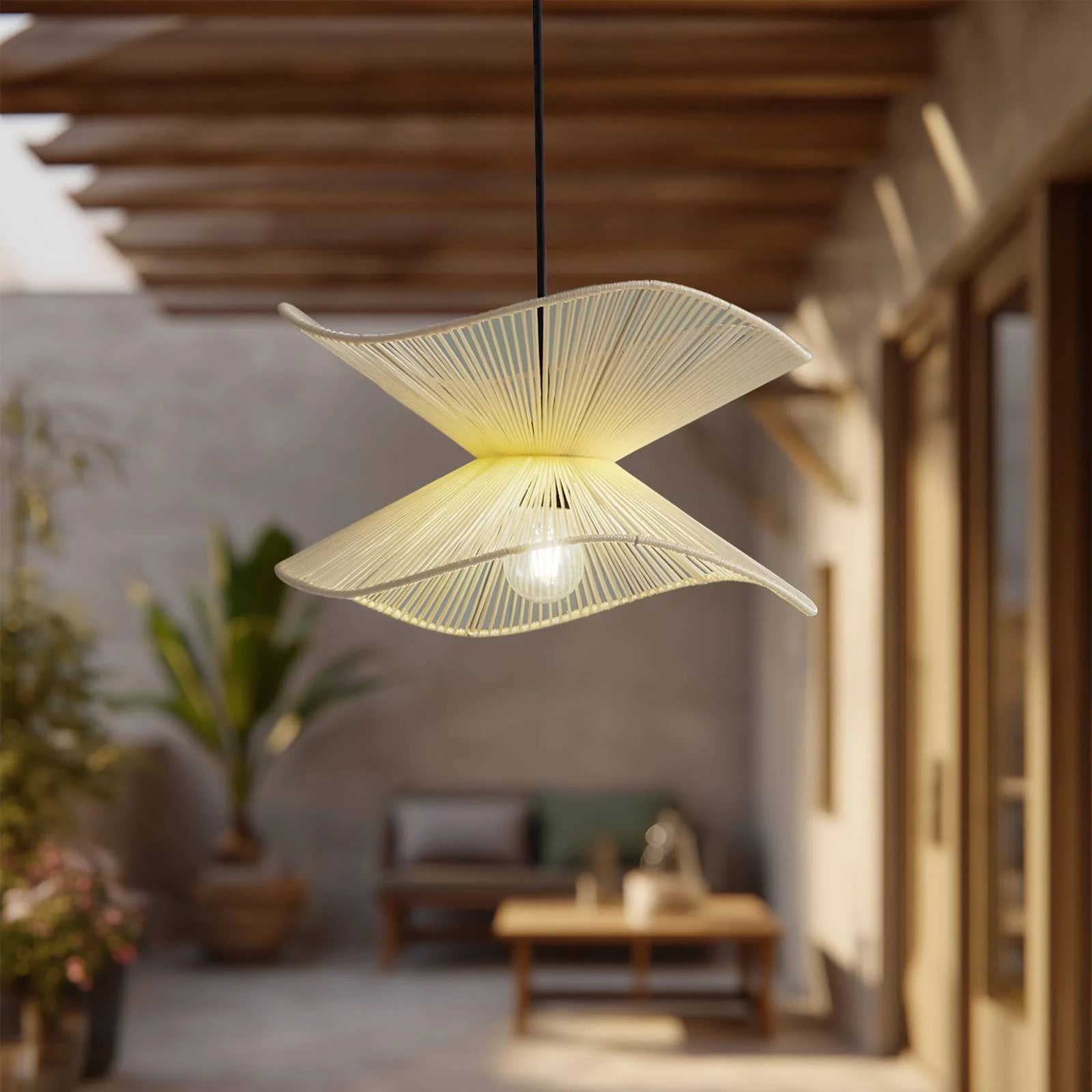 Lindby Valdorin buiten hanglamp, beige, textiel en metaal, IP44, dimbaar