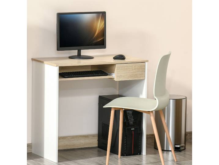 HOMCOM Bureau secrétaire bureau informatique simple pour enfant avec tablette clavier et tiroir coulissant chêne clair blanc