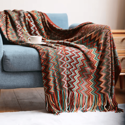 Inspire Curations Rust Red Boho Knitted Tassel Throw Blanket boho Red 127x180cm