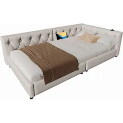MODFU Schlafsofa 90x200 mit Lattenrost, USB- und Typ-C-Anschlüssen, Leinenbezug, LED-Beleuchtung, Beige, für Schlafzimmer und Gästezimmer