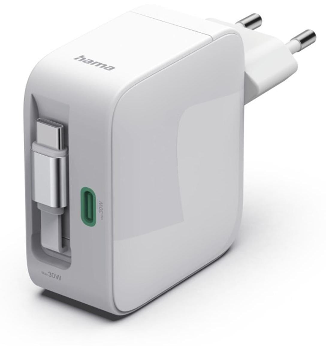 Hama GaN netadapter met 2x USB-C en intrekbare kabel, 30W snellader met Qualcomm Quick Charge en Power Delivery, wit
