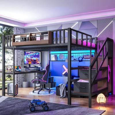 GREATPLANINC Gaming Loft Bed LED Bed Frame Built-in Desk Drawers Wardrobe USB Storage Stair