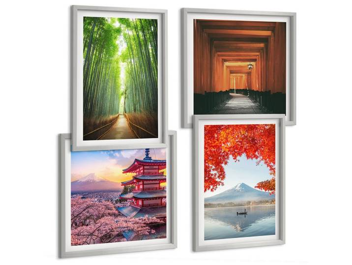 BILDER SET 4er Set - 50x50 cm & 40x60 cm Silberner Rahmen - Fuji-Torii-Bambuswald, Japan