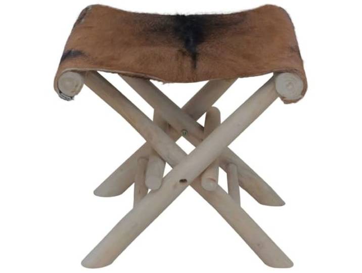 GKHPYURE Tabouret Pliable en Cuir de Chèvre et Teck 48 x 40 x 45 cm Assise 100% echtes Ziegenleder, Struktur Teck Massif, dehnbar, ohne Montage, 110 kg