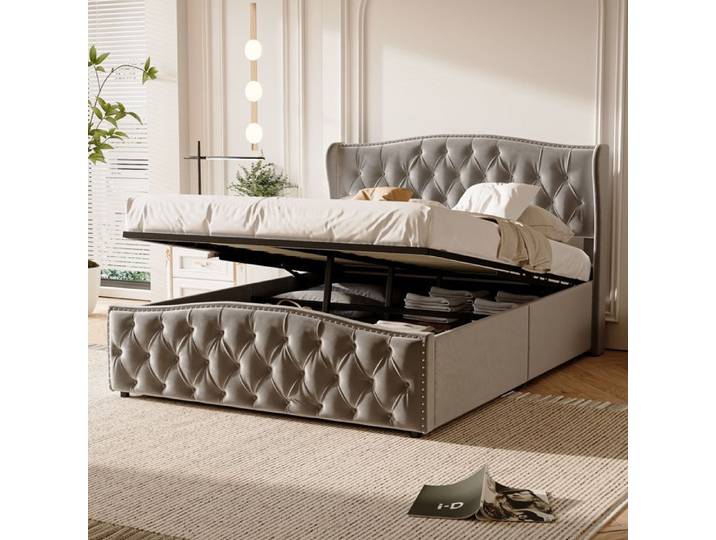 Lit coffre 140x200 - PERGAR - Capitonné - Velours gris - Design ondulé - 2 places