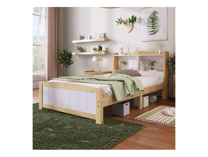 MODFU Holzbett Ein praktisches Einzel- oder Doppelbett für ein kleines Zimmer (mit Lattenrost Und Kiefernholz), Natur+Weiß 90x200cm, ohne-Matratze