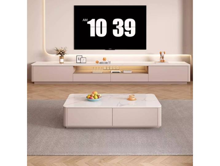 Meuble TV en bois style crème 180 200 220 240 cm, montage au sol, panneau roche, meuble TV minimaliste, meuble TV pour salon