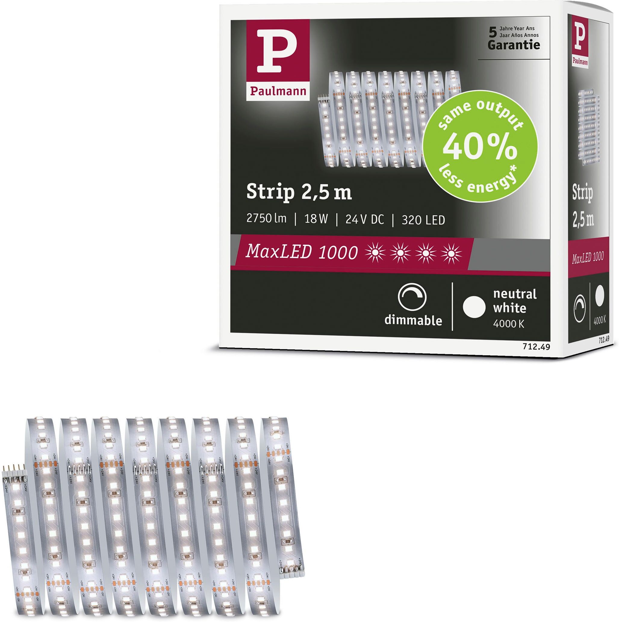 PAULMANN LED-Streifen "MaxLED 1000 LED Strip Neutralweiß Einzelstripe", silber (silberfarben), Dioden 320 Stk., Gesamtlänge 2,5m, Lichterketten, LED-Streifen