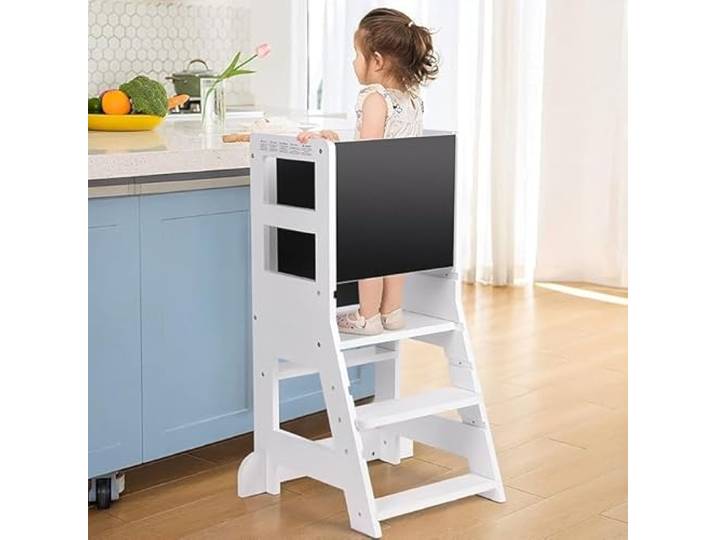 KIDINIX Kinder Lernturm ab 1 Jahr, Höhenverstellbar mit abnehmbare Tafel Montessori Learning Tower für Kinder als Tritthocker/Lernstuhl, für Küche/Bad, Kippsicher, 90 kg belastbar, Weiß