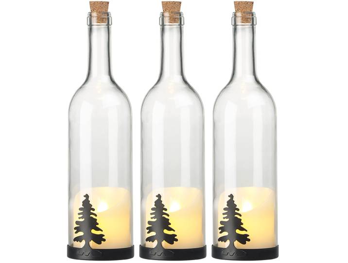 3er-Set Deko-Glasflasche, LED-Kerze & bewegliche Flamme, Tannen-Motiv