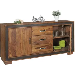WOHNLING Design Sideboard Sheesham Massivholz mit Kunstleder 160x44x80 cm