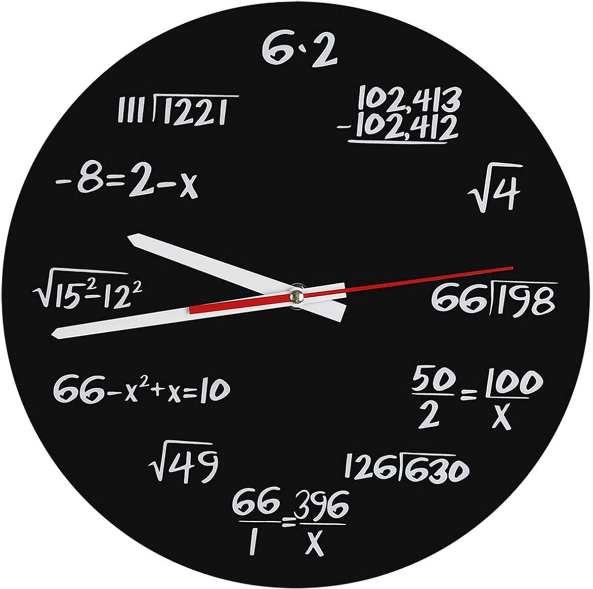Wiskundige wandklok met analoge wijzerplaat en unieke vergelijkingen, Diameter: 30 cm