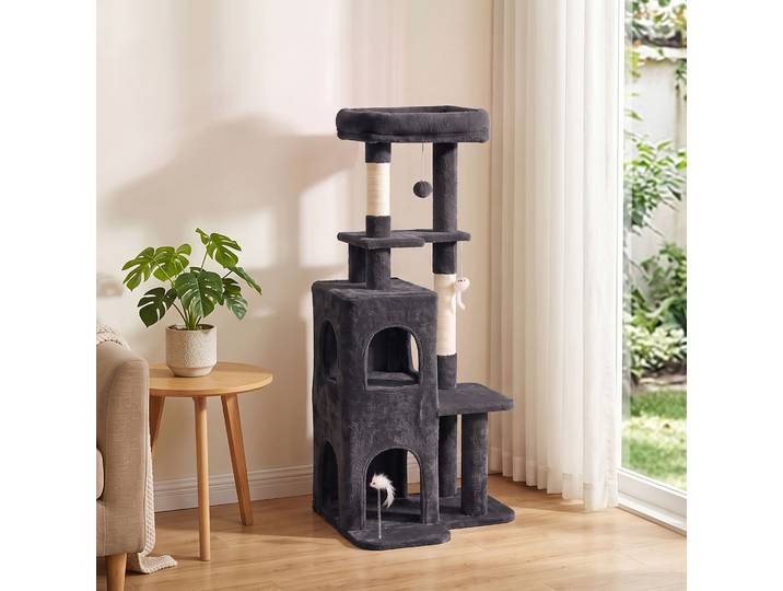 PawHut Arbre à Chat 132cm Sisal 2 Niveaux Niche Gris Foncé