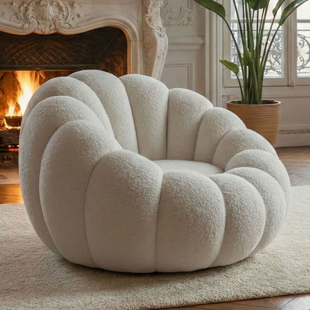 Menzzo Fauteuil design coquillage tissu bouclette blanc Blanc 98x62x97cm
