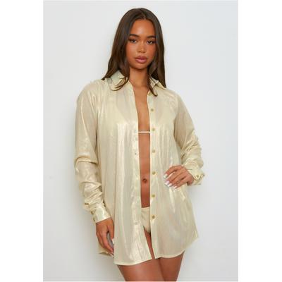 Langarmbluse MODA MINX "Shimmering Lights", Damen, Gr. S, beige, 92% Polyester, 8% Elasthan, unifarben, lang, ohne Ausschnitt, Blusen, mit tollem Schimmer