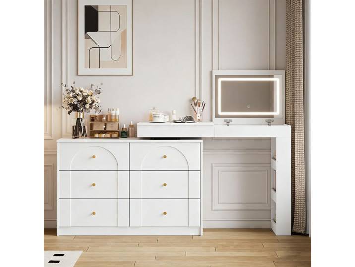 Coiffeuse - POCKETPOP - Miroir LED pivotant - 7 tiroirs & étagères - 105×40×80 cm Blanc