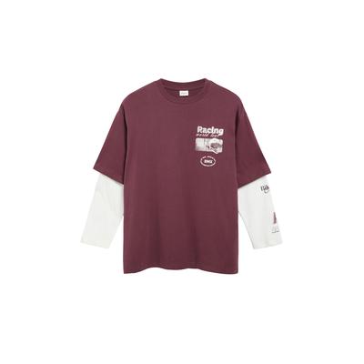 Oversize-Shirt S.OLIVER JUNIOR, Jungen, Gr. 158/164, rot (burgundy), Jersey, Obermaterial: 100% Baumwolle, oversize hüftlang, Rundhals, Shirts, Oversize-Form im 2in1-Look