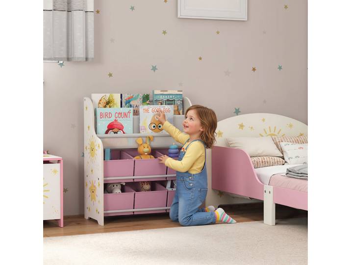 AIYAPLAY Étagère à Jouets Bois Acier 6 Tiroirs Rose 63x30x71 cm