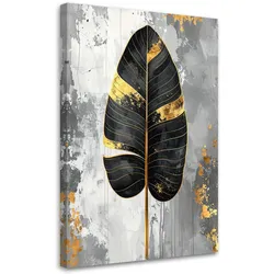 LEINWANDBILDER, Schwarzes Bananenblatt auf grauem Hintergrund