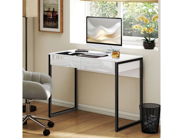 HOMCOM Bureau 100x50cm Noir 2 Tiroirs Table Ordinateur Compact