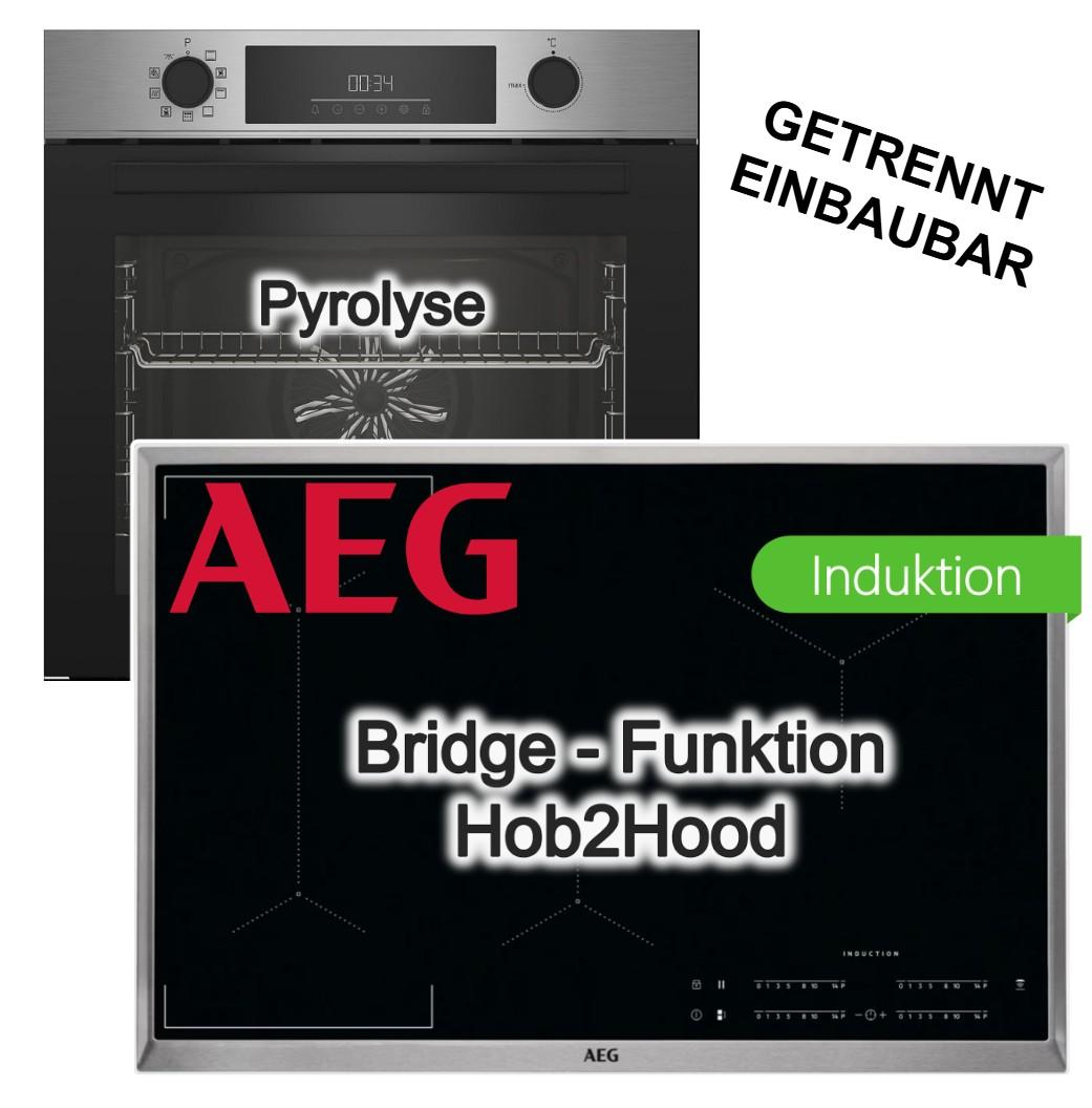 Herdset Beko Backofen Pyrolyse + AEG Induktionskochfeld 80cm Bridge PowerBoost Hob2Hood Edelstahl