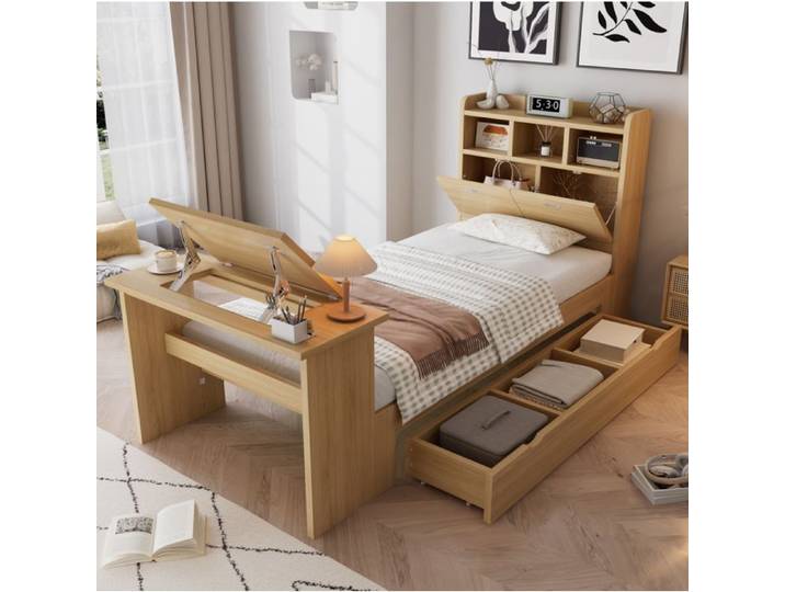 Lit Combiné Lit Simple avec Étagères Tiroir Réversible et Table Rabattable 90×200 cm sans Matelas