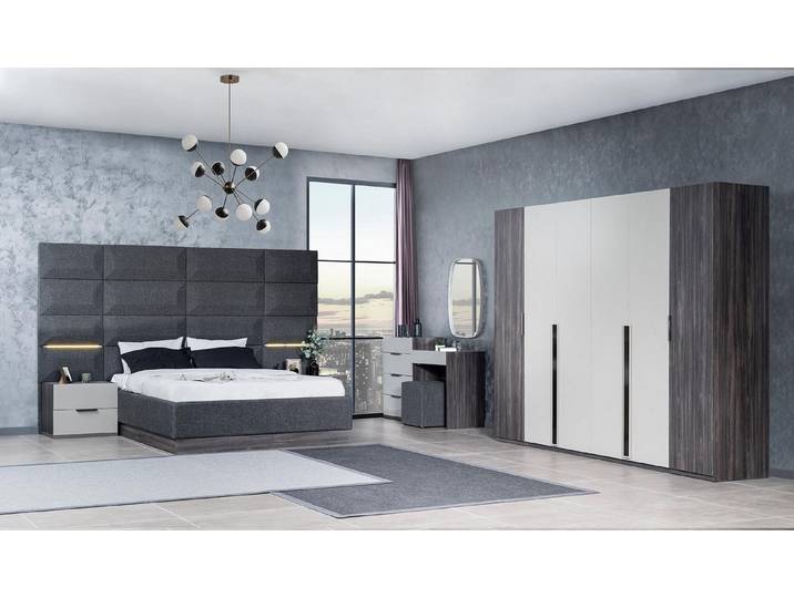 JVmoebel Schlafzimmer-Set Elegantes Schlafzimmermöbelset aus Holz in modernem Grauton, Made in Europa