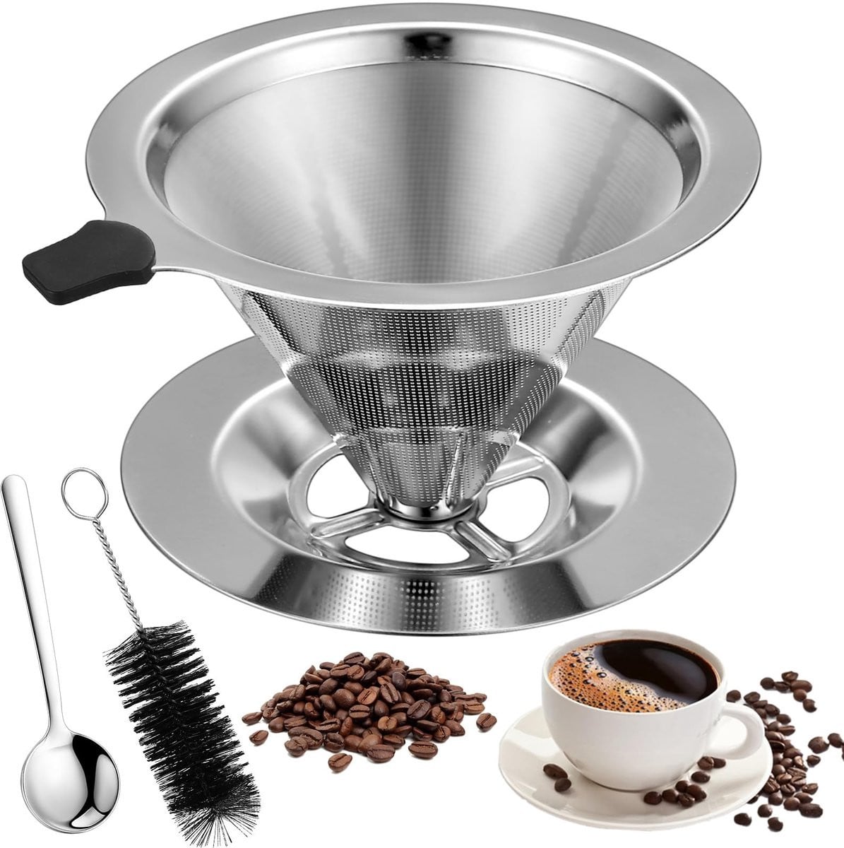 Herbruikbaar koffiefilter van roestvrij staal met fijnmazig zeef in zilver