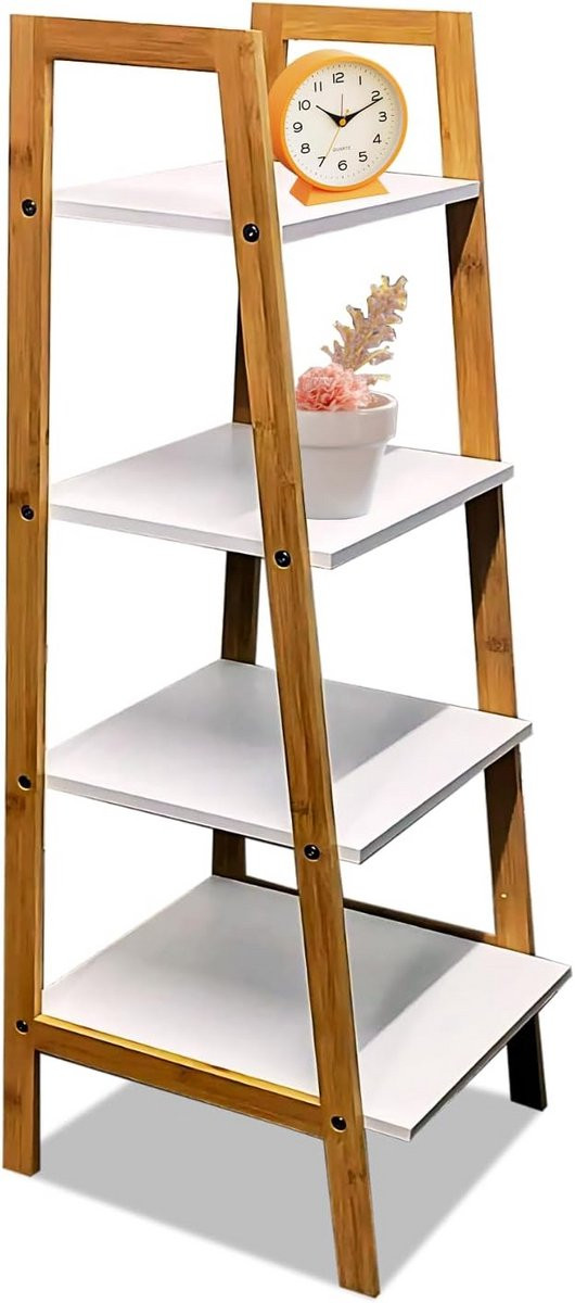 Houten Ladder Rek met Witte Planken voor als Boekenkast of Planten Display Unit