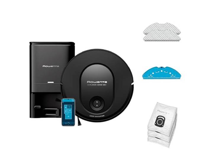 Rowenta Xplorer Serie 65+ Nass-Trocken-Saugroboter, Lasernavigation, 120 min Laufzeit, App-Steuerung, nur 7,8 cm Höhe, elektronischer Wischmopp, Absaugstation, Schwarz, RR8L85WH