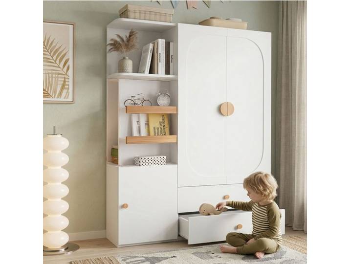 ELVORIN Armoire multifonctionnelle 125 x 50 x 180 cm blanche et naturelle penderie 2 tiroirs MDF