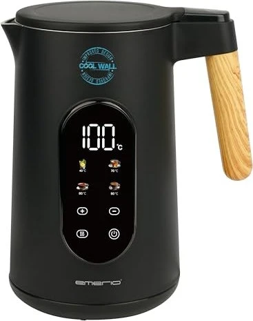 Emerio Wasserkocher 1,7 l Holzgriff, schnurlos, Digit.Disp.