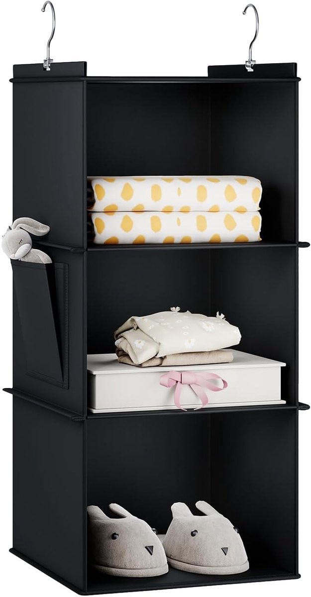 Hangende kledingorganizer met 3 planken en zakken - Zwart