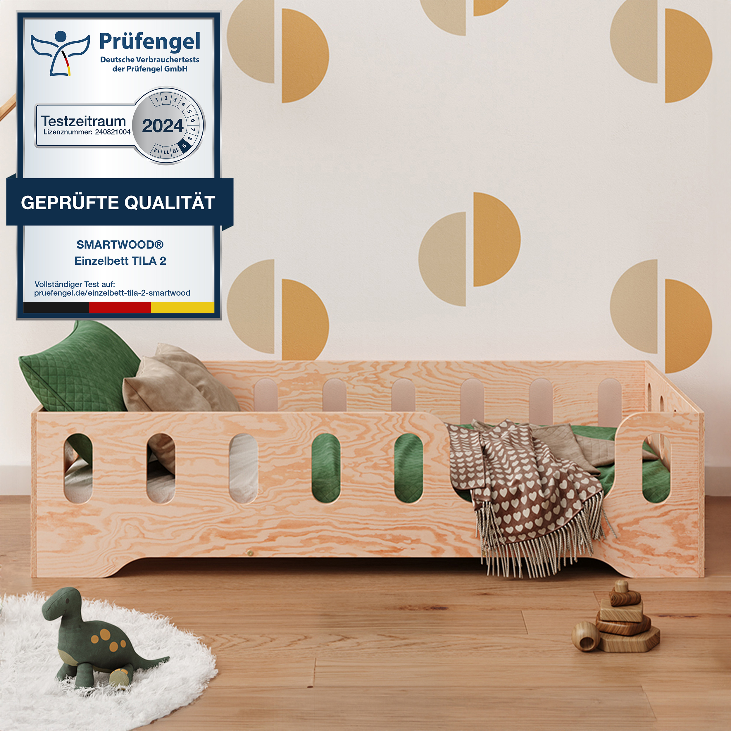 Smartwood Kinderbett 90x200 Holz Montessori Bodenbett mit Rausfallschutz und Lattenrost - Niedriges Bett für Jungen und Mädchen TILA 2P - Naturholz