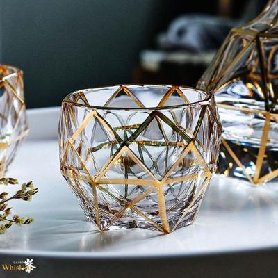 Multicon Wholesale Hub Gold Line Wine Whisky Glasses, Whiskey Glass Tumblers, Golden Painted Crystal Barware Cocktail Drinkware diamonds