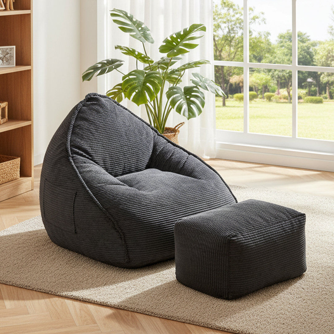 Ebern Designs Cloud Large Bean Bag Chair with Ottoman, Corduroy Lounge Chair with 35D High-Density Foam, Beanbag Chair for Adults, Boneless Floor Chair for Living R Black Large